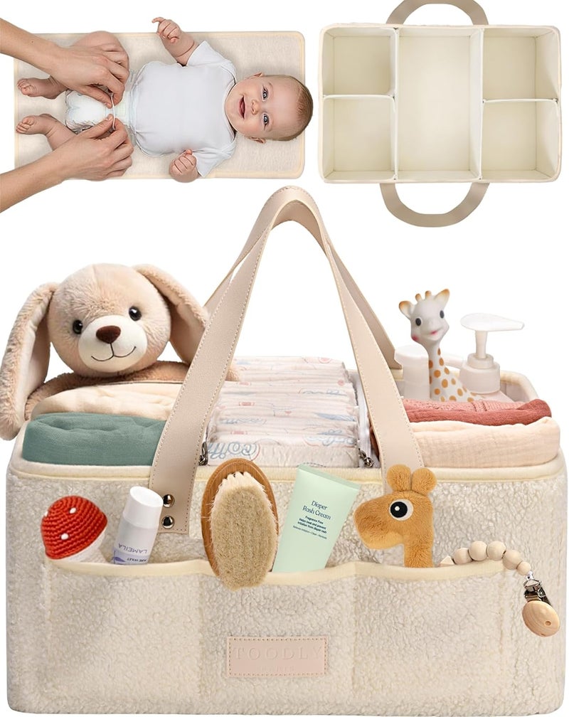 Toodly Baby Diaper Caddy Organizer with Portable Changing Mat - Teddy Fleece Diaper Organizer for Changing Table - Basket for Changing Essentials - Baby Essentials Organizer with Removable Dividers - Image 1